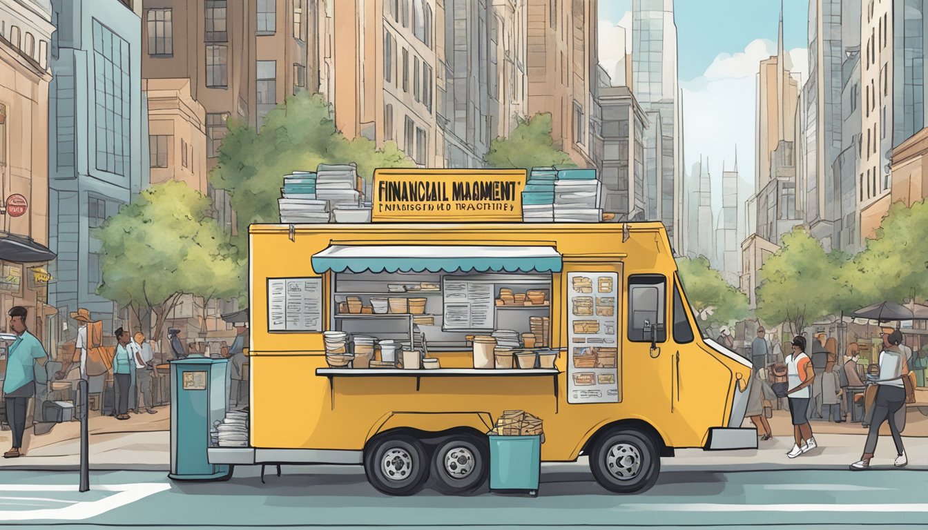 A food truck parked on a city street, surrounded by bustling activity. A sign displays "Financial Management and Taxation" alongside the truck's menu