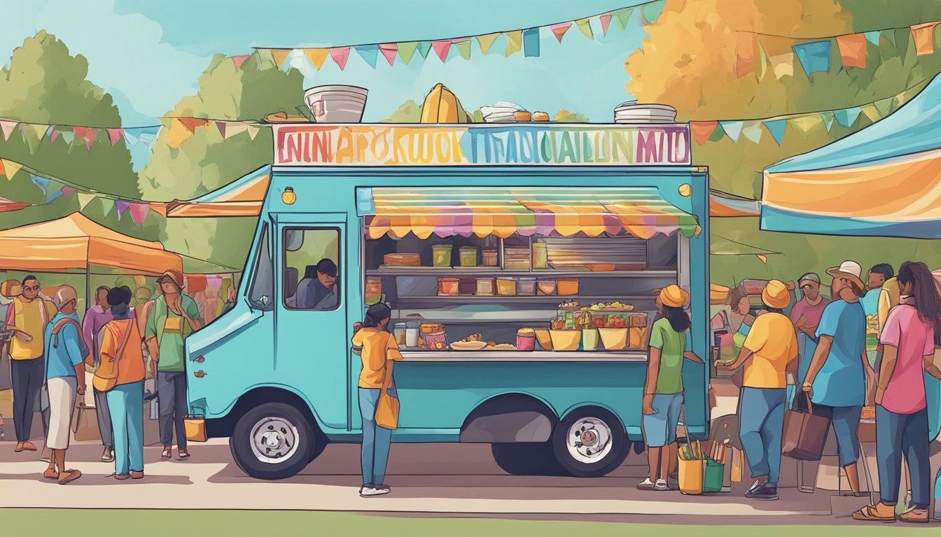 A food truck parked at a bustling festival in Aurora, Colorado, with people lining up to sample a variety of cuisines. The truck is adorned with colorful banners and signs advertising its offerings