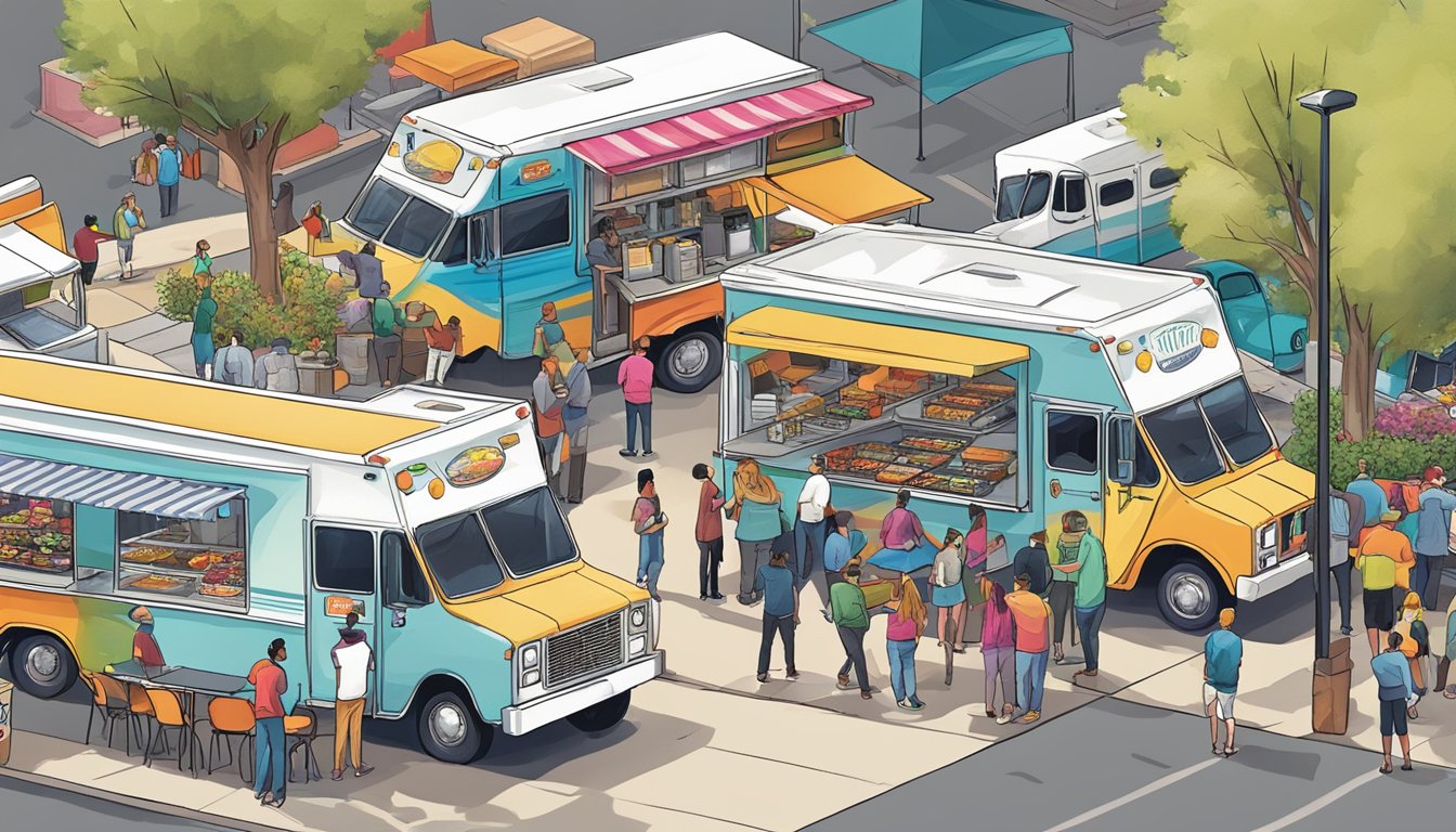 A bustling food truck park in Aurora, Colorado, with colorful trucks lined up and customers enjoying their meals at outdoor tables