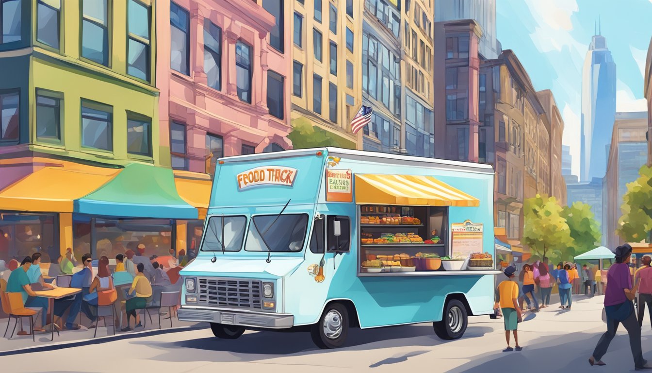 A food truck parked on a busy Pittsburgh street, surrounded by bustling crowds and colorful signage, with a clear view of the city skyline in the background