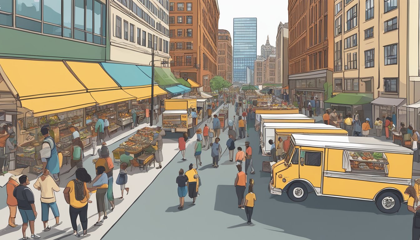 A bustling Pittsburgh street with diverse food trucks lined up, each serving unique niche cuisine to a crowd of hungry patrons