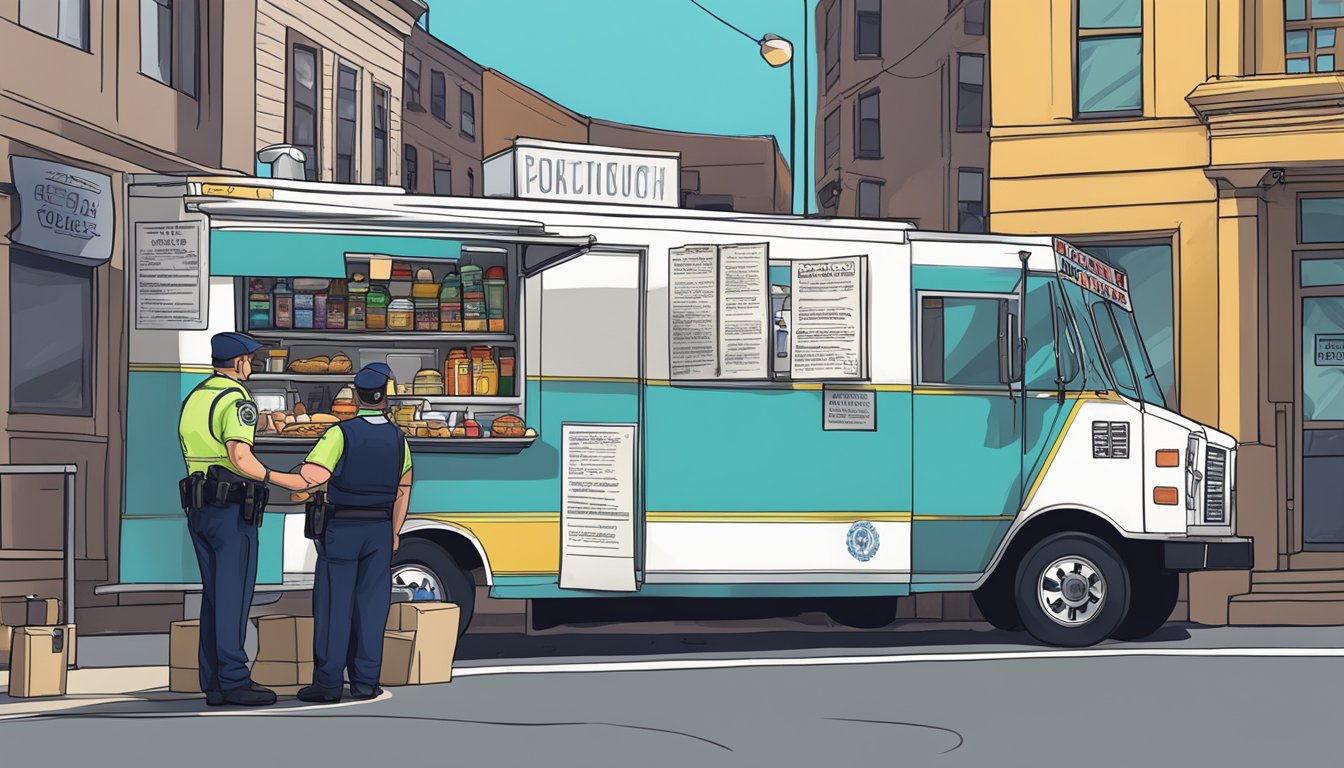 A food truck parked in Pittsburgh, Pennsylvania, with a police officer issuing a citation for violating food truck laws