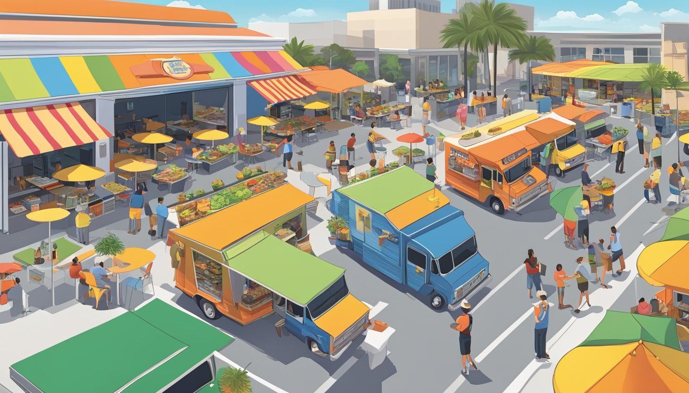 A bustling food truck park in Tampa, Florida, with colorful trucks lined up, customers enjoying their meals at outdoor tables, and city officials inspecting permits