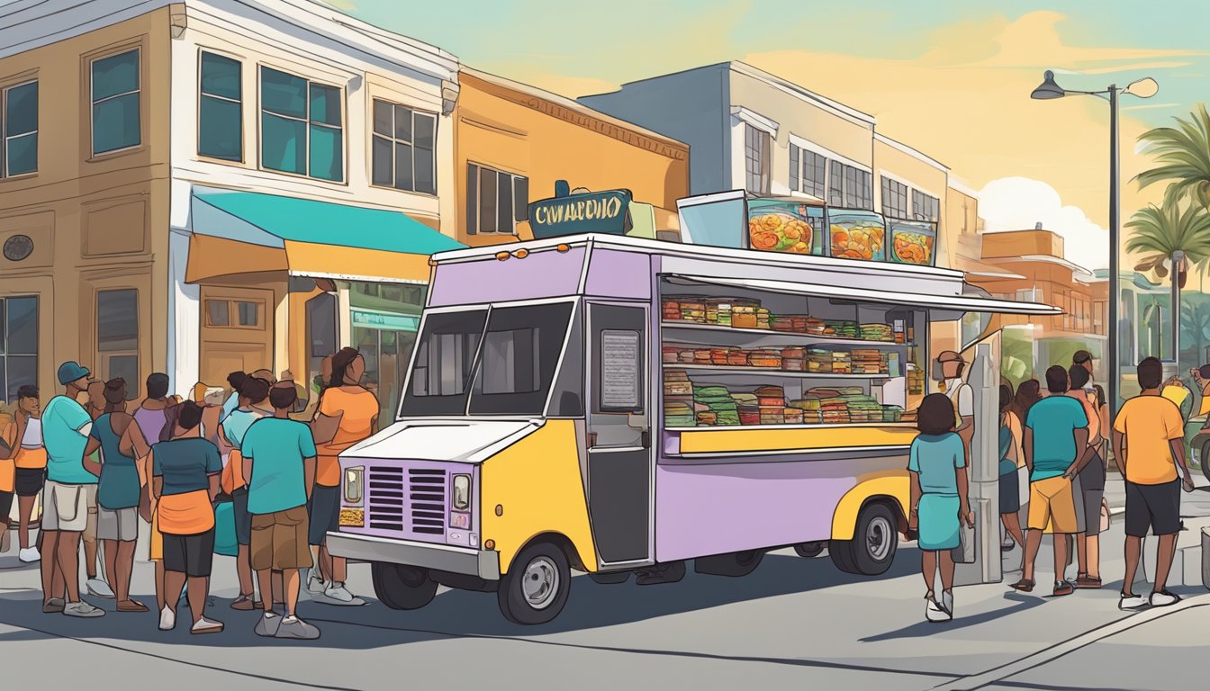 A food truck parked on a bustling street in Tampa, Florida, with a line of customers waiting to order. The truck displays all necessary permits and licenses in accordance with local food truck laws