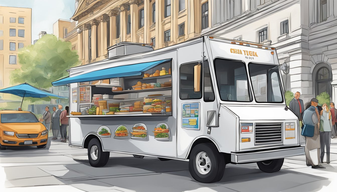 A food truck parked outside city hall, surrounded by officials and paperwork