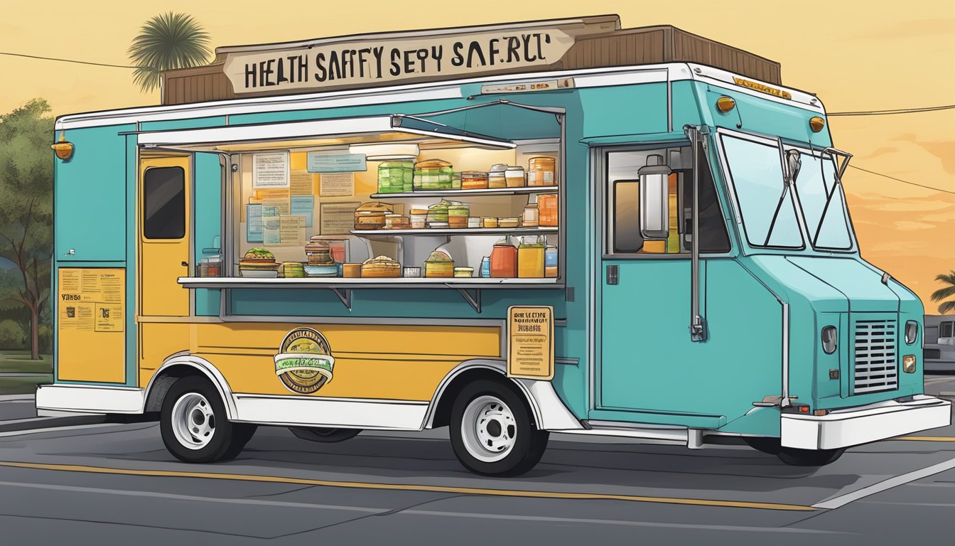 A food truck parked in Tampa, Florida, displaying Health and Safety Compliance certificates and adhering to local food laws