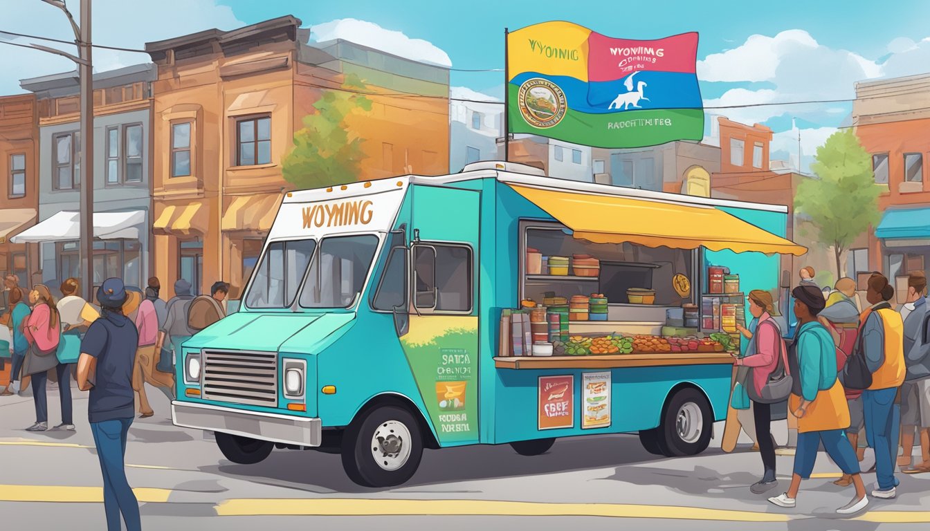 A food truck parked on a bustling street, surrounded by customers and colorful signage, with the Wyoming state flag flying in the background