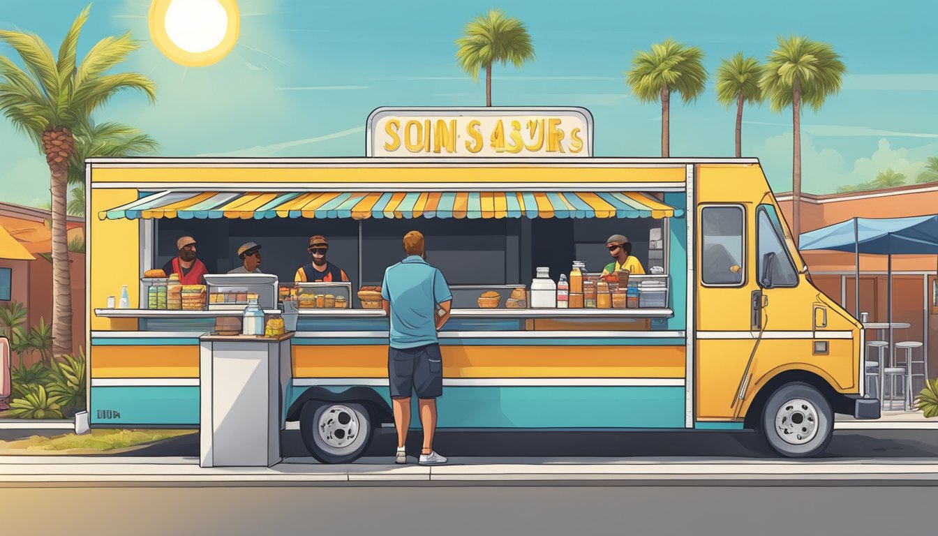 A food truck parked outside a commissary in Tampa, Florida, with a line of customers waiting to order. The sun is shining, and the truck is surrounded by palm trees