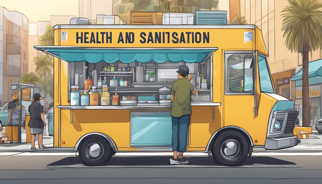 A food truck parked on a busy Los Angeles street, with a visible handwashing station and a sign displaying Health and Sanitation Regulations