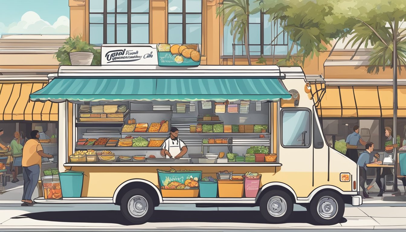 A food truck parked on a bustling street, with a chef preparing ingredients and a menu board displaying various dishes. Signs indicating compliance with Tampa, Florida food handling laws are prominently displayed