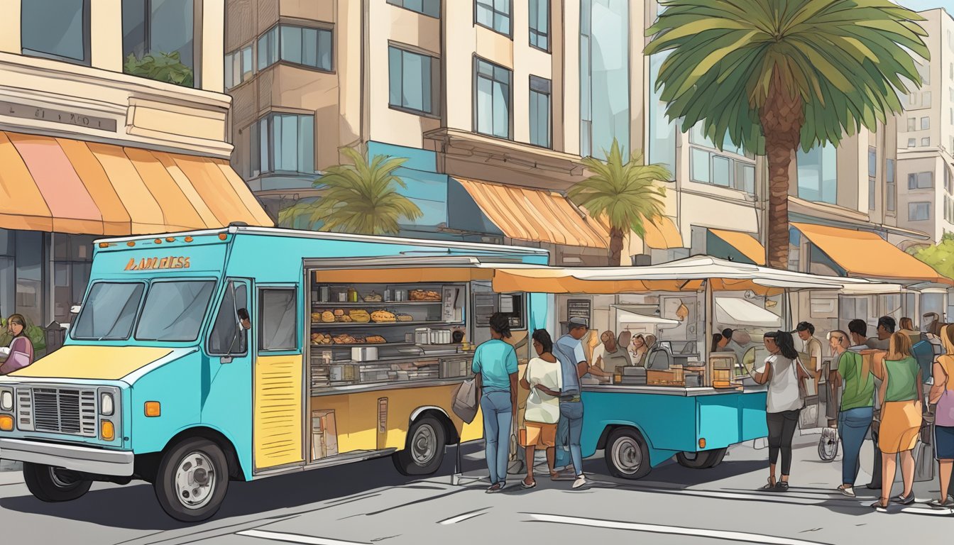 A food truck parked on a bustling Los Angeles street, surrounded by customers and adhering to the city's operational guidelines