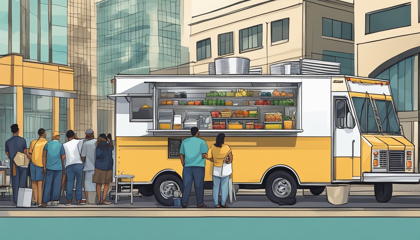 A food truck parked in downtown Tampa, Florida, with city officials conducting inspections and reviewing paperwork related to local food safety and health regulations