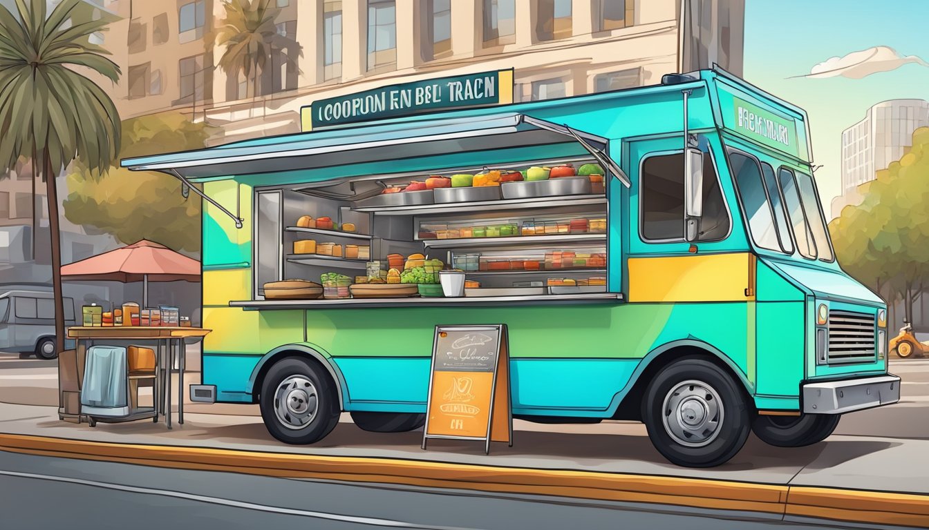 A colorful food truck with a serving window, menu board, and cooking equipment parked on a bustling city street in Los Angeles, California