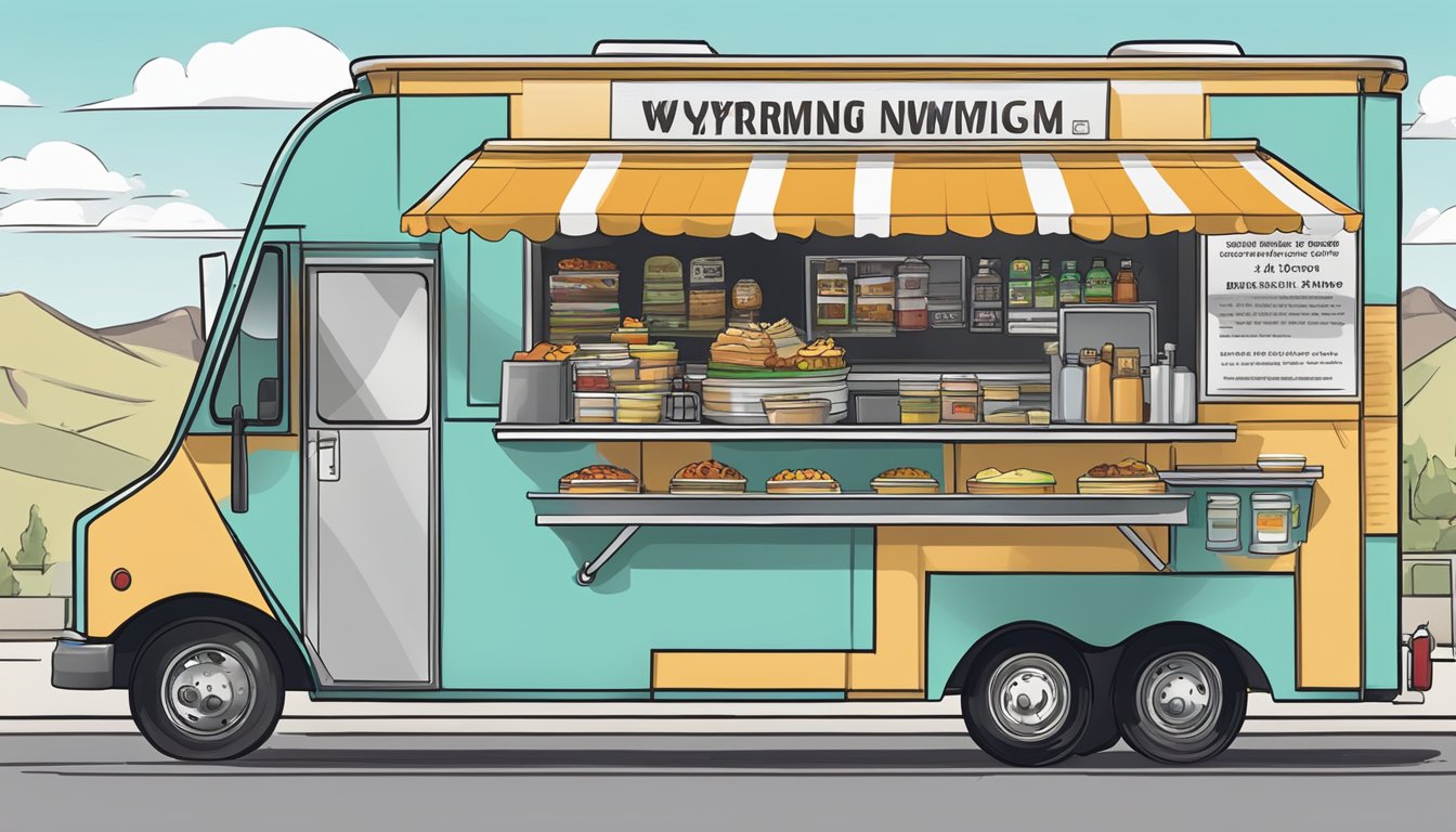 A food truck parked in compliance with Wyoming's legal requirements, displaying necessary permits and signage