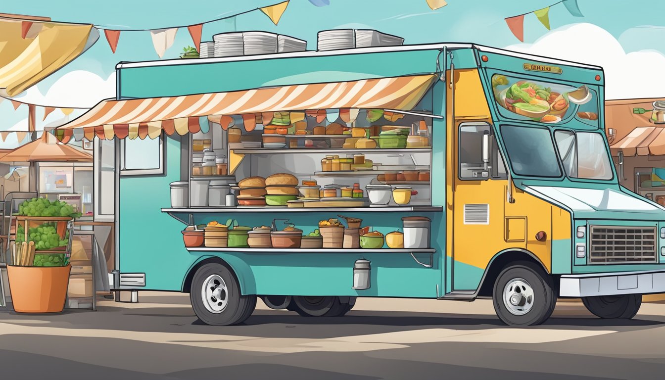 A food truck parked at a bustling Wyoming fairground, with a clean and organized kitchen area and a prominently displayed food safety certification