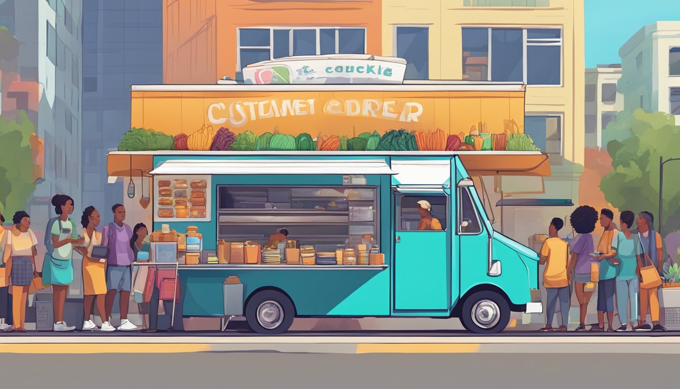 A food truck parked on a busy Los Angeles street, with a line of customers waiting to order, surrounded by colorful signage and bustling city life