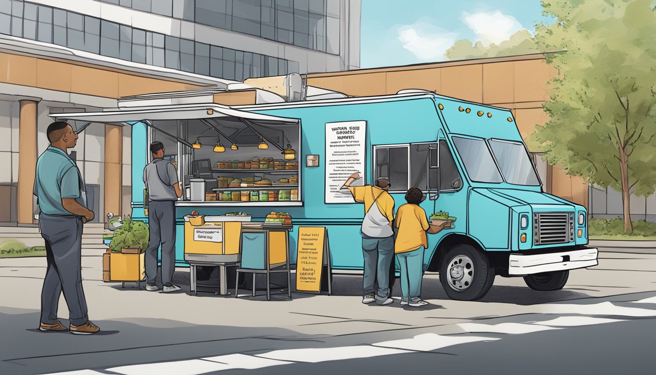 A food truck parked outside a government building, with a sign displaying "Ongoing Operations and Maintenance food truck laws in Wyoming" and a group of officials talking to the truck owner