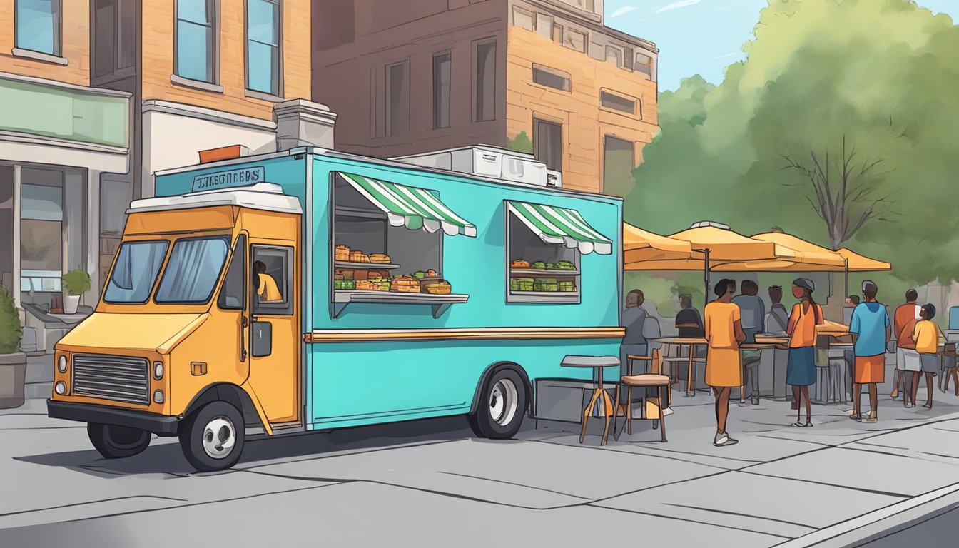 A food truck parked on a city street, with a line of customers waiting to order. The truck displays all required permits and licenses