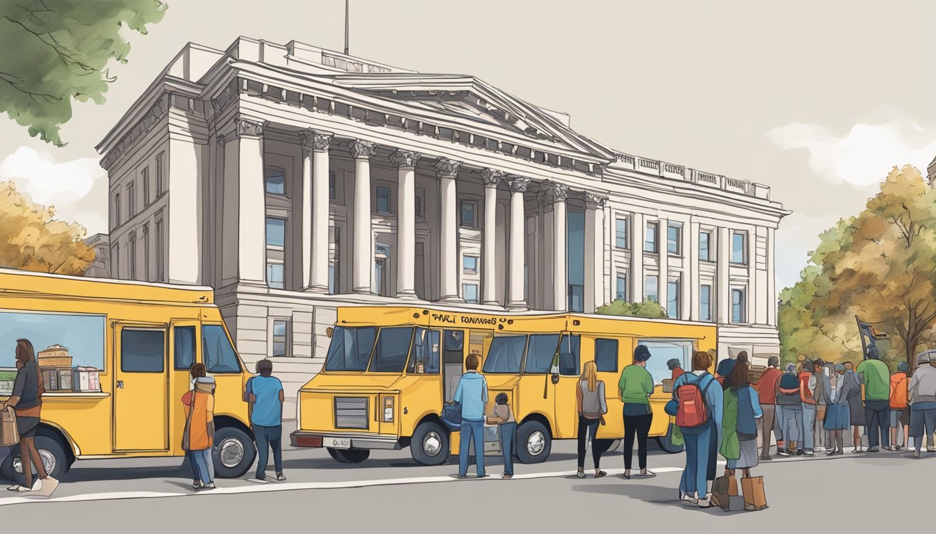 A food truck parked in front of the Wyoming State Capitol, with a line of people waiting to receive resources and support regarding food truck laws