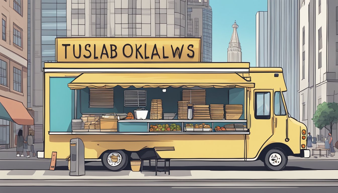 A food truck parked on a city street, with a sign displaying "Tulsa, Oklahoma Food Truck Laws" and a stack of legal documents on the counter