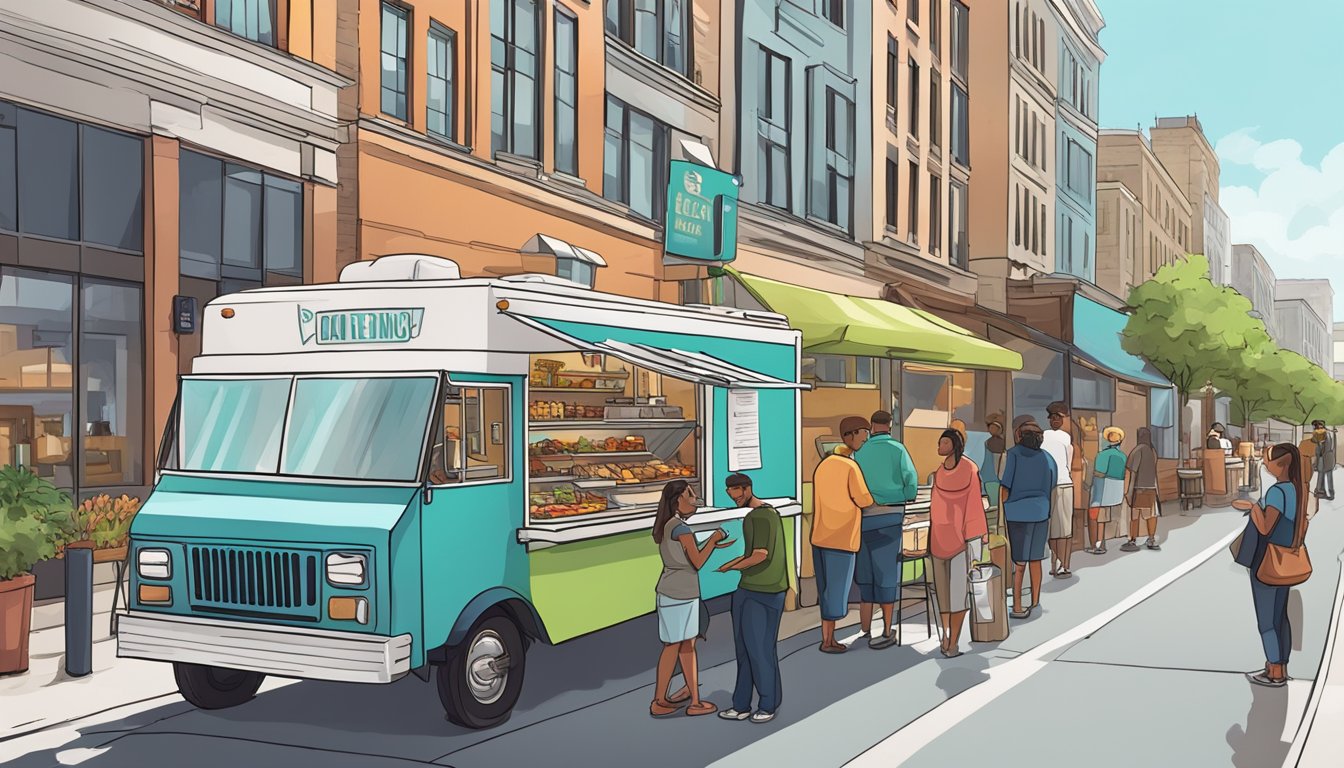 A line of food trucks parked on a city street, with customers browsing menus and vendors serving up dishes