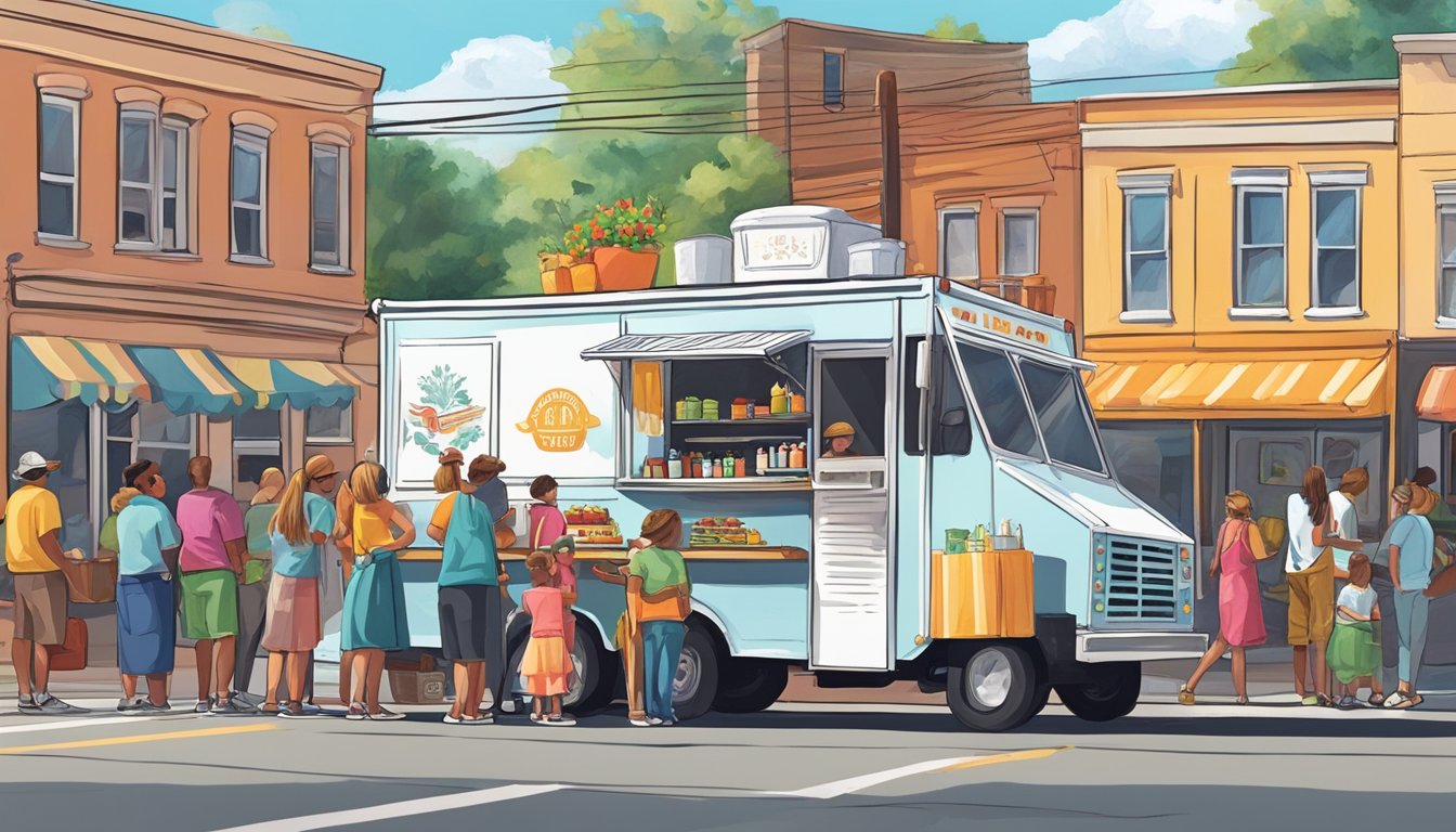 A food truck parked in a bustling West Virginia town, with a line of customers eagerly waiting to order. The sun is shining, and the truck is adorned with colorful decorations