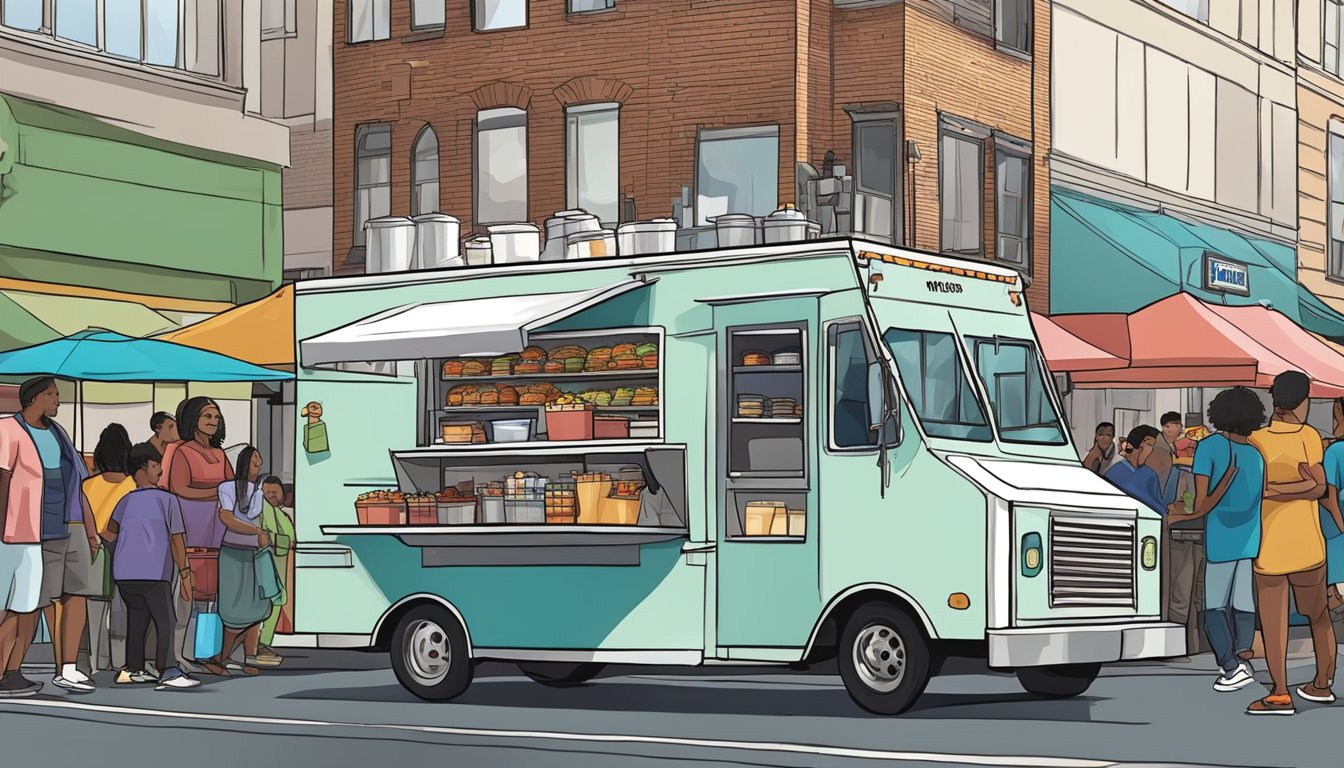 A food truck parked on a bustling Newark street, surrounded by customers and complying with New Jersey food truck laws