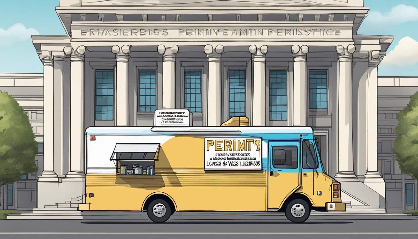 A food truck parked in front of a government building, with a sign displaying "Permits and Licenses Specifics" in West Virginia