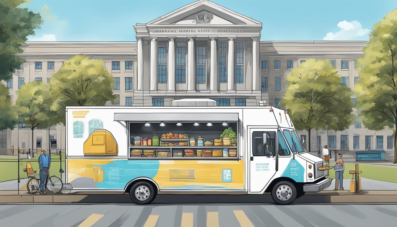 A food truck parked in front of a government building, with officials inspecting its compliance with local food safety and hygiene laws in West Virginia