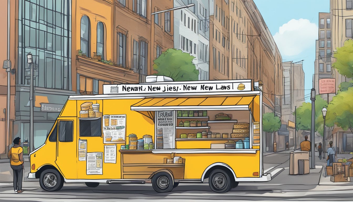 A food truck parked on a city street, with a sign displaying "Newark, New Jersey" and a list of food truck laws