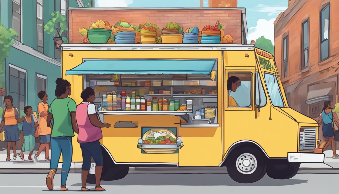 A food truck parked on a bustling street in West Virginia, with a line of customers waiting to order. The truck is adorned with colorful signage and the aroma of freshly cooked food fills the air