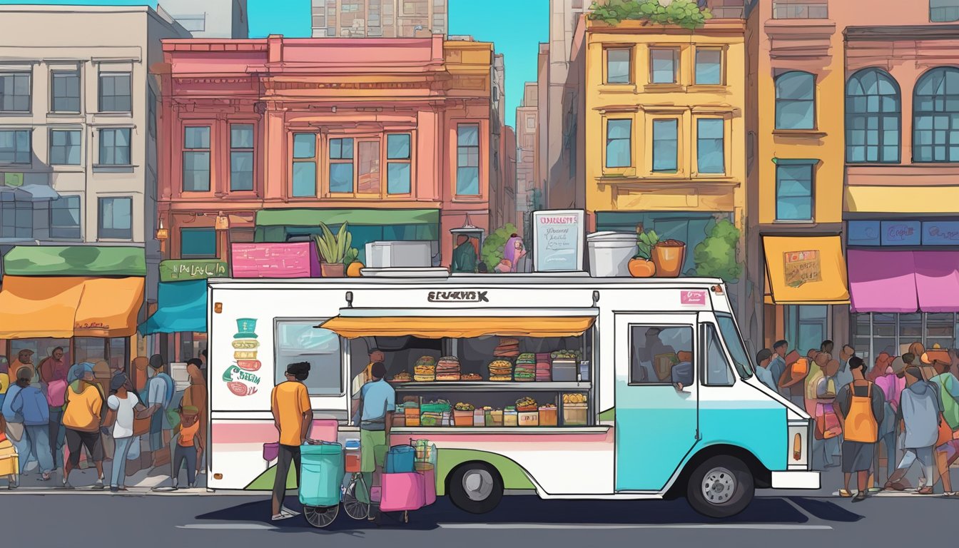 A food truck parked on a bustling Newark street, surrounded by colorful signage and bustling with customers. A city skyline looms in the background