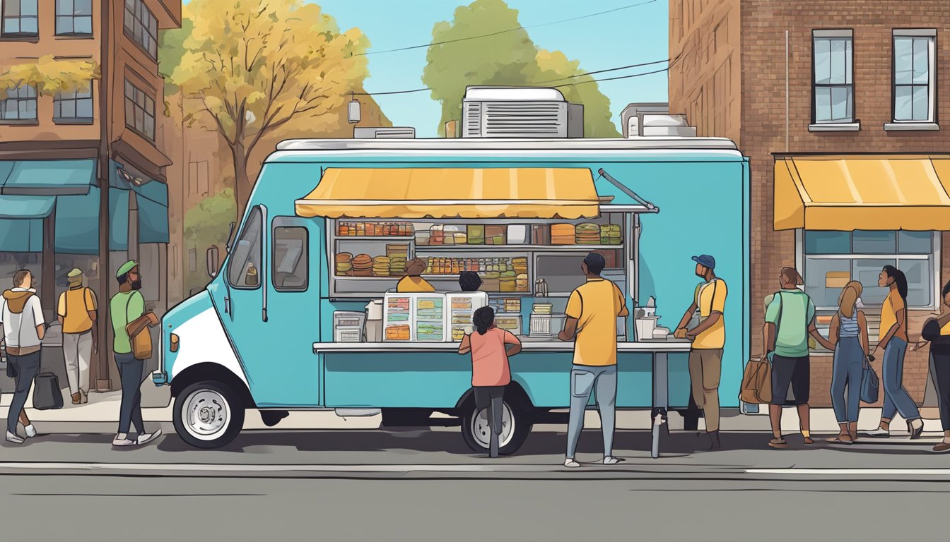 A food truck parked on a busy street, surrounded by customers. A sign displays "Michigan Food Truck Laws" while the owner checks off a list of regulations