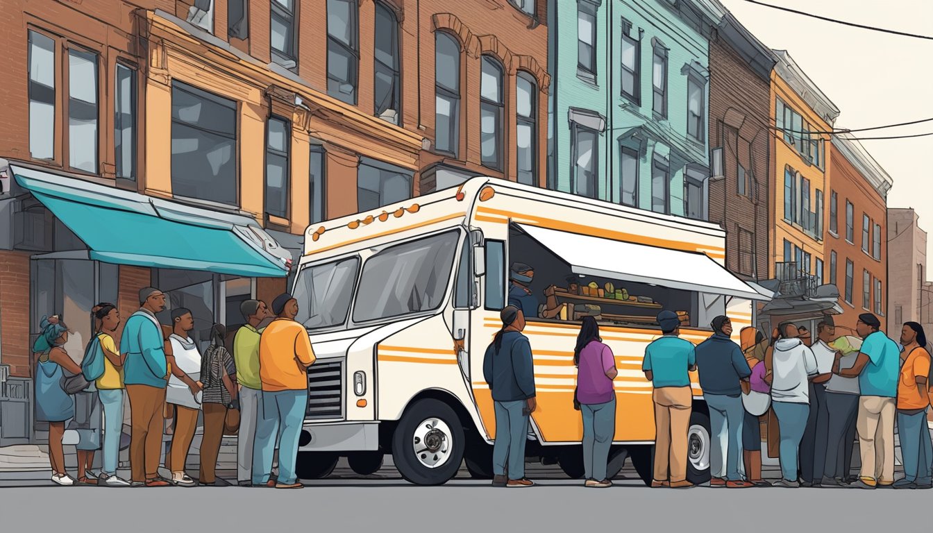 A food truck parked on a bustling street in Newark, New Jersey, with customers lined up and a city official inspecting the truck for compliance with food truck laws