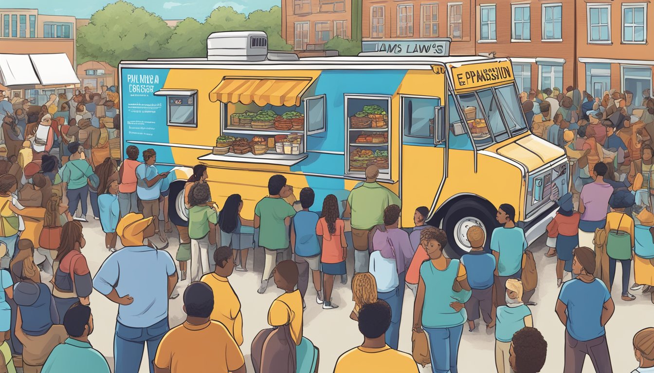 A food truck surrounded by a diverse crowd, with a sign displaying "Expansion and Diversification food truck laws in Michigan" prominently