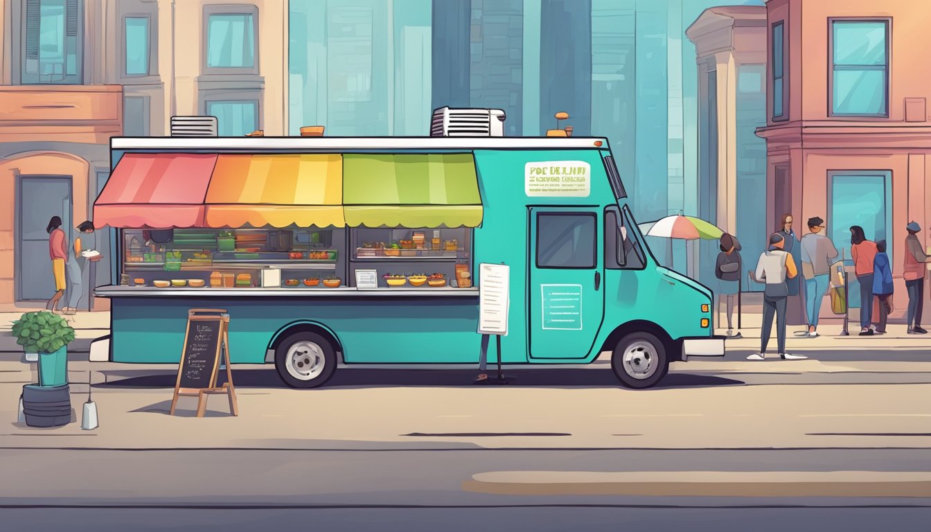 A food truck parked on a city street, with a colorful menu displayed and customers lined up to order. A health inspector examines the truck's cleanliness and compliance with regulations