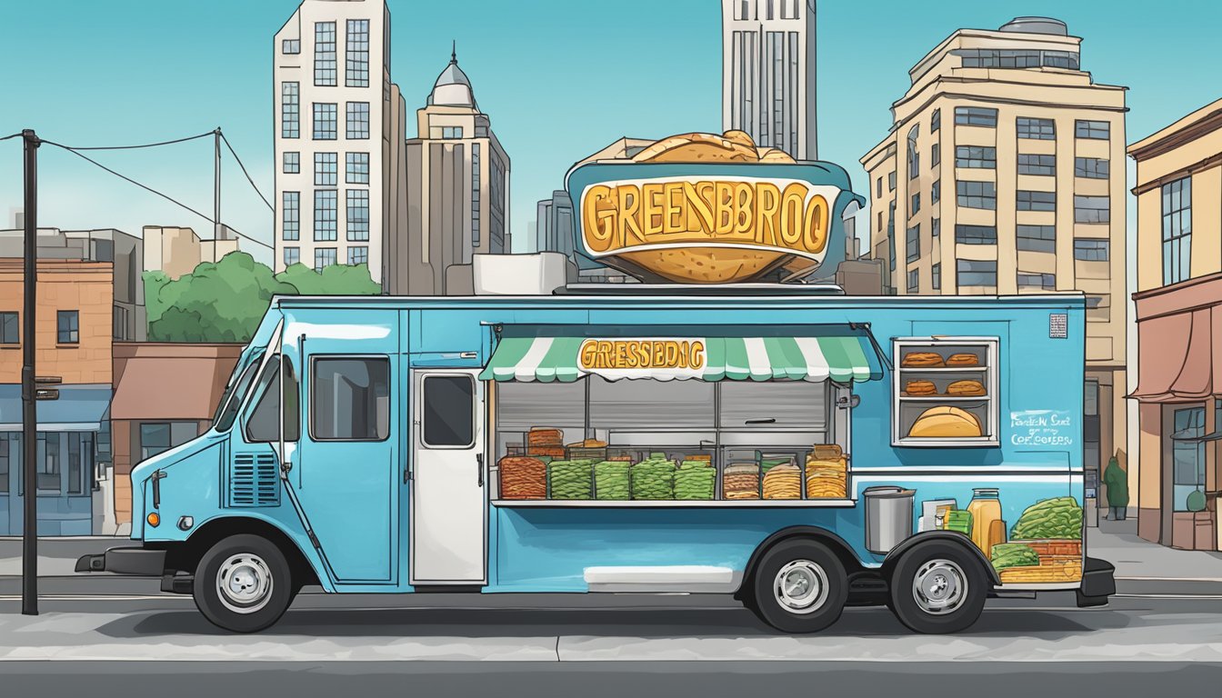 A food truck parked on a city street, with a sign displaying "Greensboro, North Carolina" and a city skyline in the background