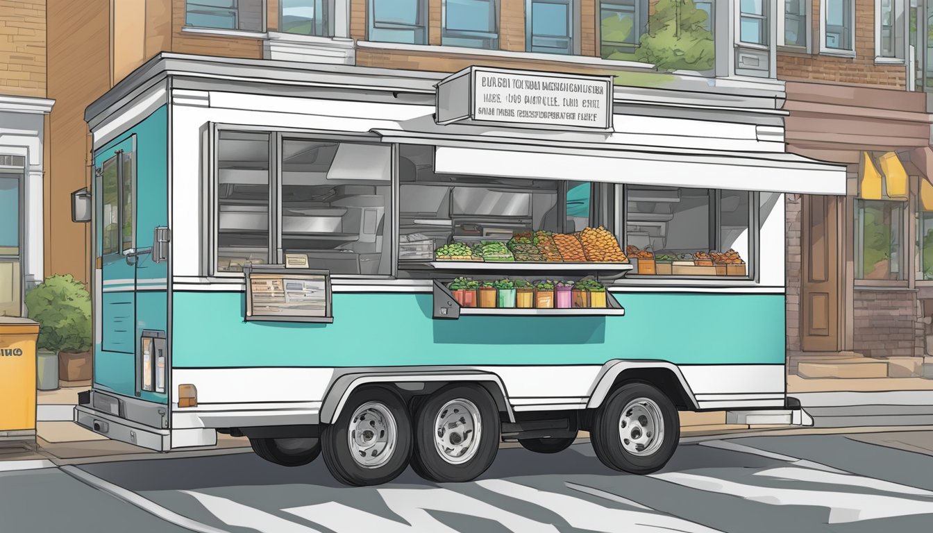 A food truck parked in a designated zone, with clear signage indicating compliance with Virginia's zoning and location laws