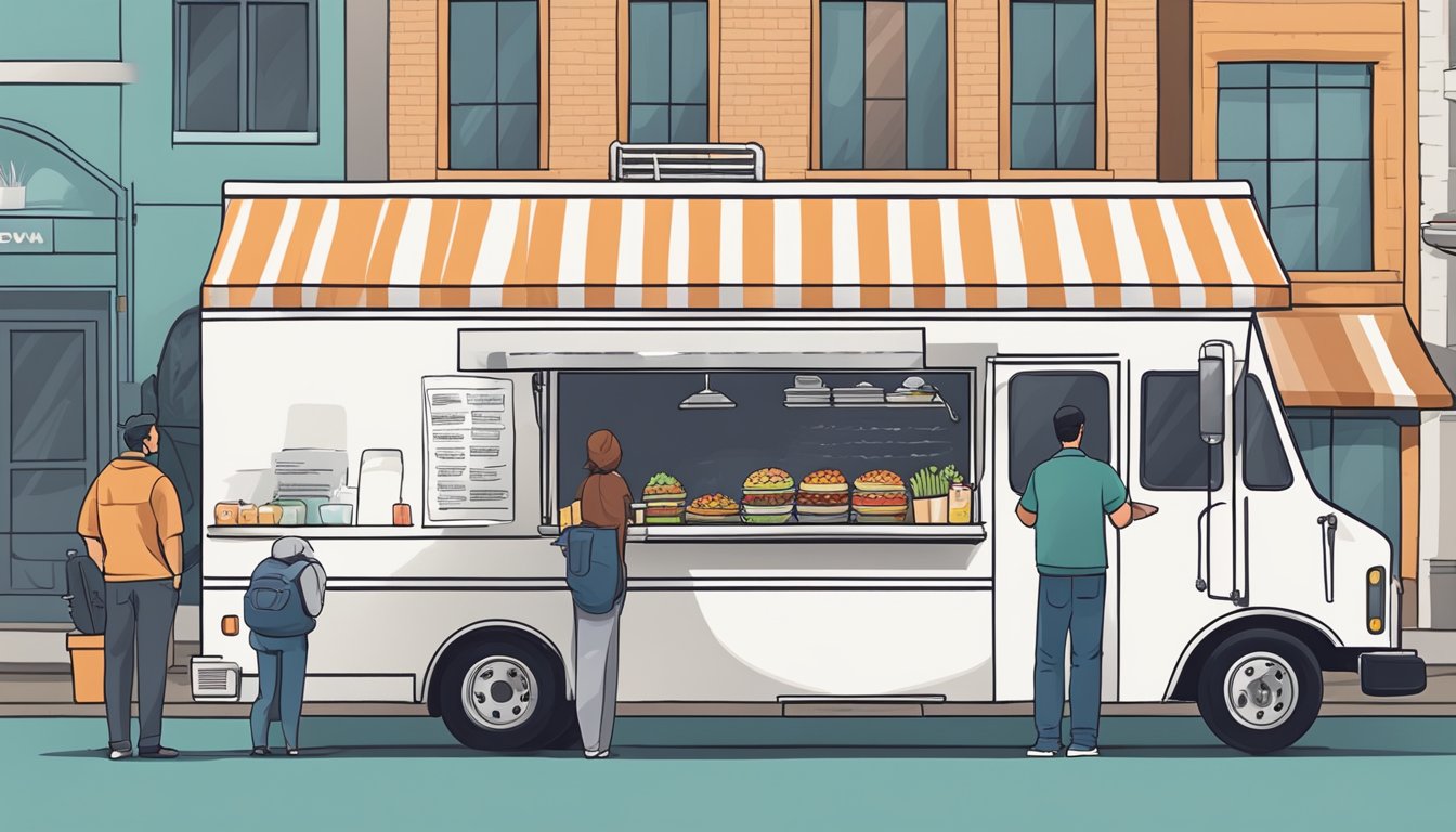 A food truck parked on a city street, with a sign displaying the name and menu. People line up to order, while a city official inspects the truck for compliance with local regulations