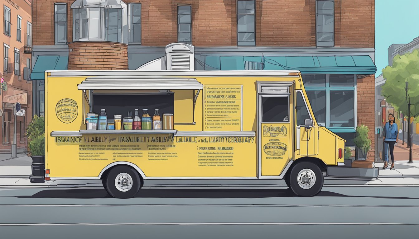 A food truck parked in downtown Greensboro, North Carolina, with a sign displaying insurance and liability information