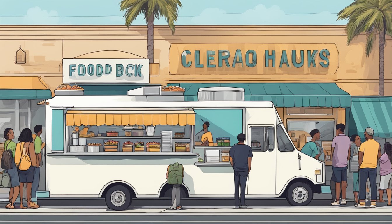 A food truck parked on a bustling street in Long Beach, California, with a line of customers waiting to order. A city official inspects the truck for compliance with local food truck laws