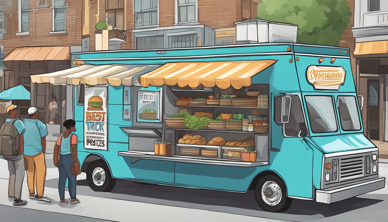 A food truck parked on a city street, surrounded by vendors and customers. A sign displays "Operational Logistics and Best Practices food truck laws greensboro north carolina."