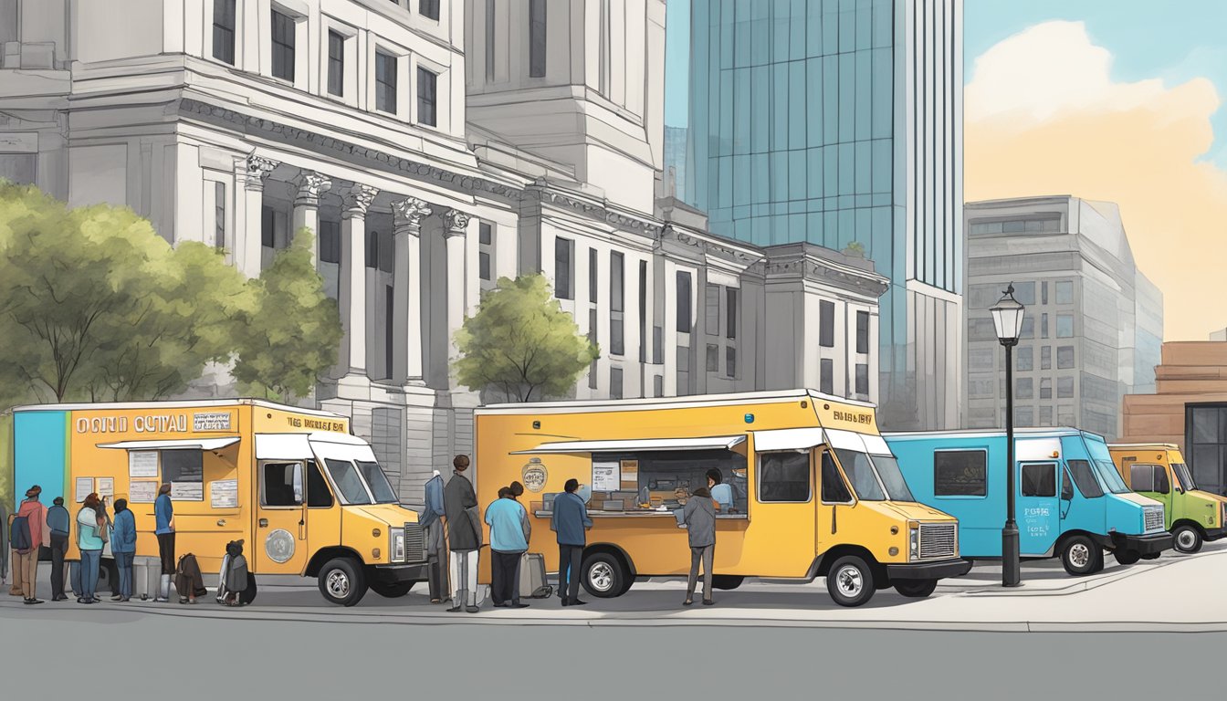 A line of food trucks waits outside city hall, while officials review paperwork and regulations