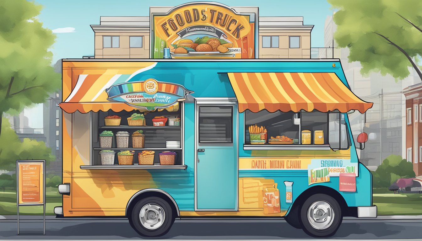 A food truck adorned with colorful branding and marketing materials stands against the backdrop of Greensboro, North Carolina