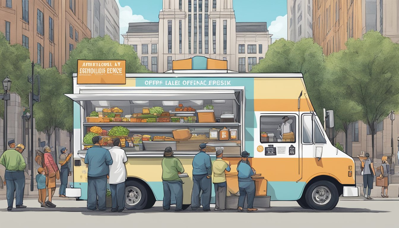 A food truck parked outside city hall, surrounded by officials and signs displaying compliance penalties and avoidance laws