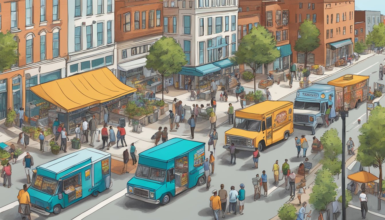 A bustling street scene in Greensboro, North Carolina, with a food truck surrounded by people seeking support and resources for navigating local food truck laws