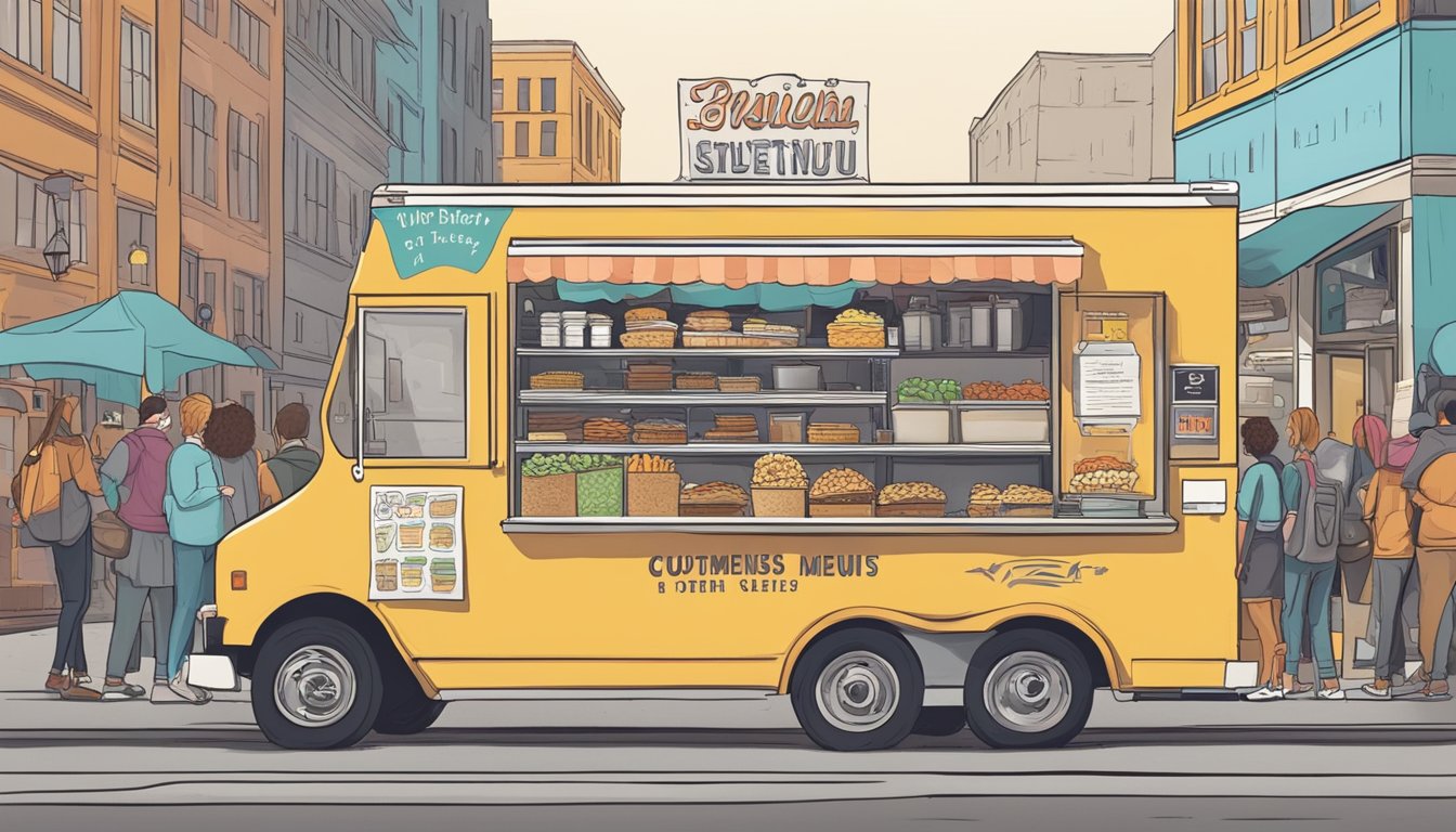 A food truck parked on a bustling street in Utah, with a clear sign displaying the business name and menu, and a line of customers waiting to order