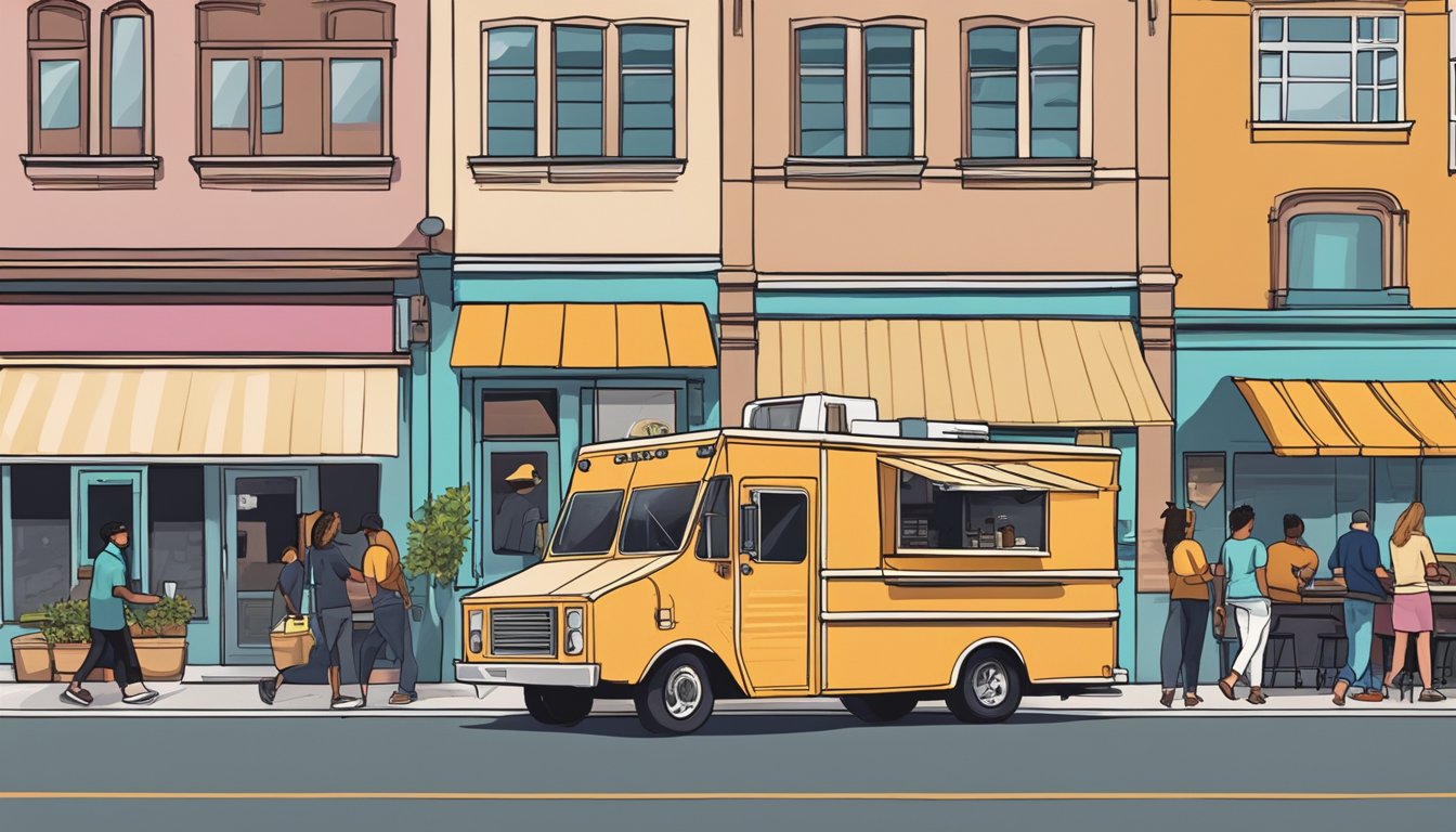 A food truck parked on a city street, surrounded by customers and complying with Utah's food truck laws