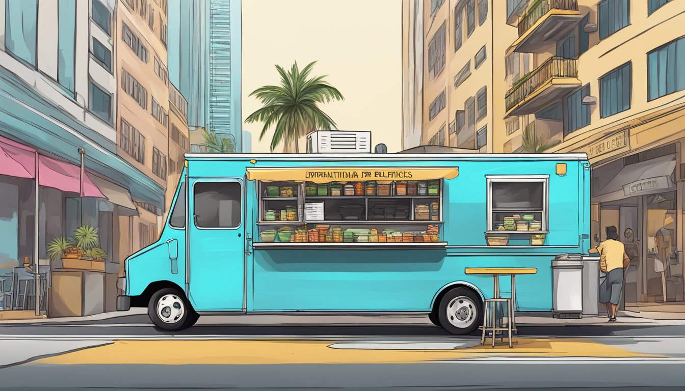 A food truck parked on a city street, with a sign displaying "Operational Regulations for Food Trucks" in Miami, Florida