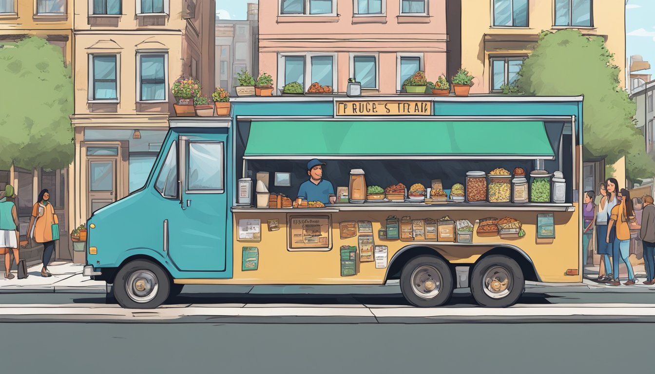 A food truck parked on a bustling street, surrounded by customers. A sign displays prices and menu items. A city ordinance poster is visible nearby